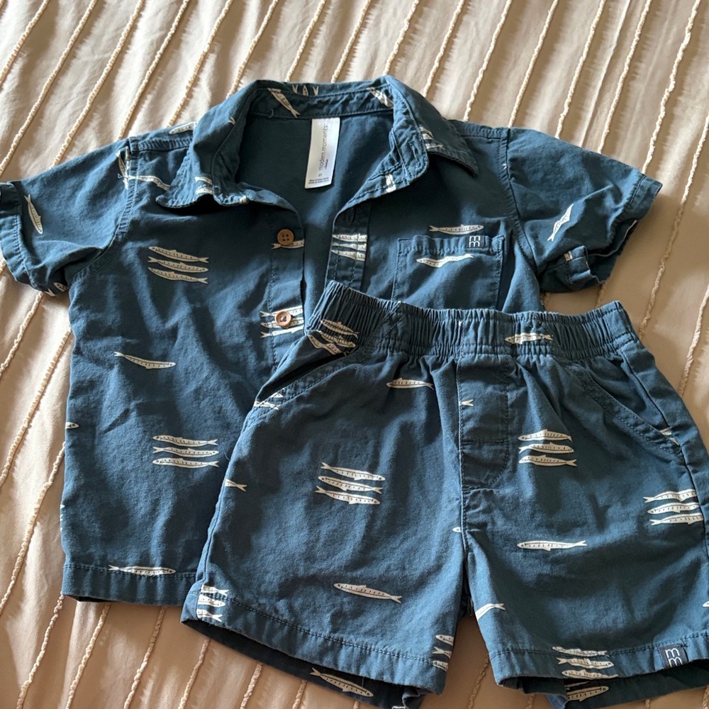 Boys Coastal Fish Print Shirt & Shorts Set - Blue